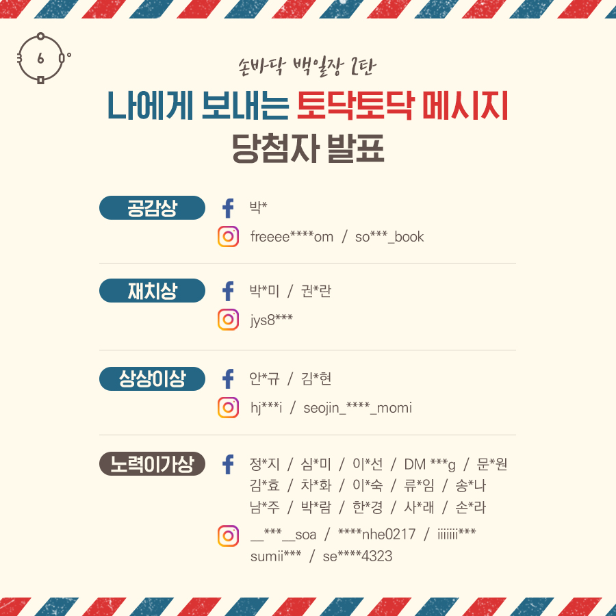 손바닥 백일장 2탄 나에게 보내는 토닥토닥 메시지 당첨자발표, 공감상, 재치상, 상상이상,노력이가상