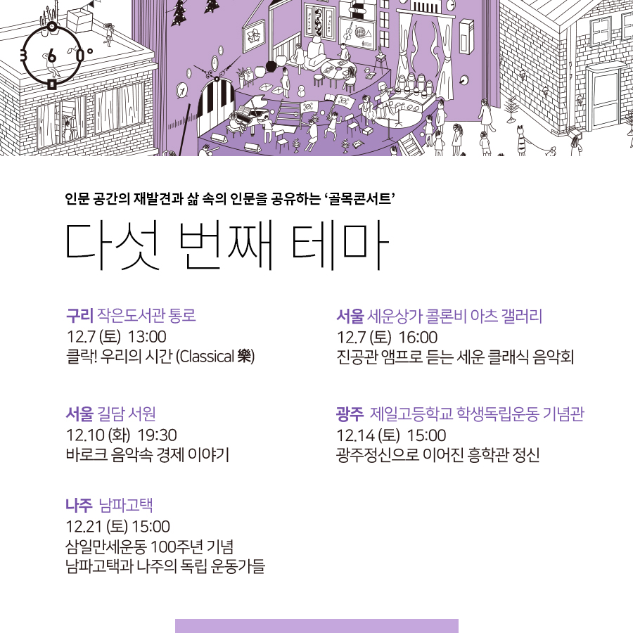 인문공간의 재발견과 삶 속의 인문을 공유하는 '골목콘서트' 다섯 번째 테마. 구리 작은도서관 통로 12.7(토) 13:00 클락! 우리의 시간(Classical 樂). 서울 세운상가 콜론비 아츠 갤러리. 12.7(토) 16:00 진공관 앰프로 듣는 세운 클래식 음악회. 서울 길담서원 12.10(화) 19:30 바로크 음악속 경제 이야기. 광주 제일고등학교 학생독립운동 기념관. 12.14(토) 15:00 광주정신으로 이어진 흥학관 정신. 나주 남파고택 12.21(토) 15:00. 삼일만세운동 100주년 기념 남파고택과 나주의 독립운동가들