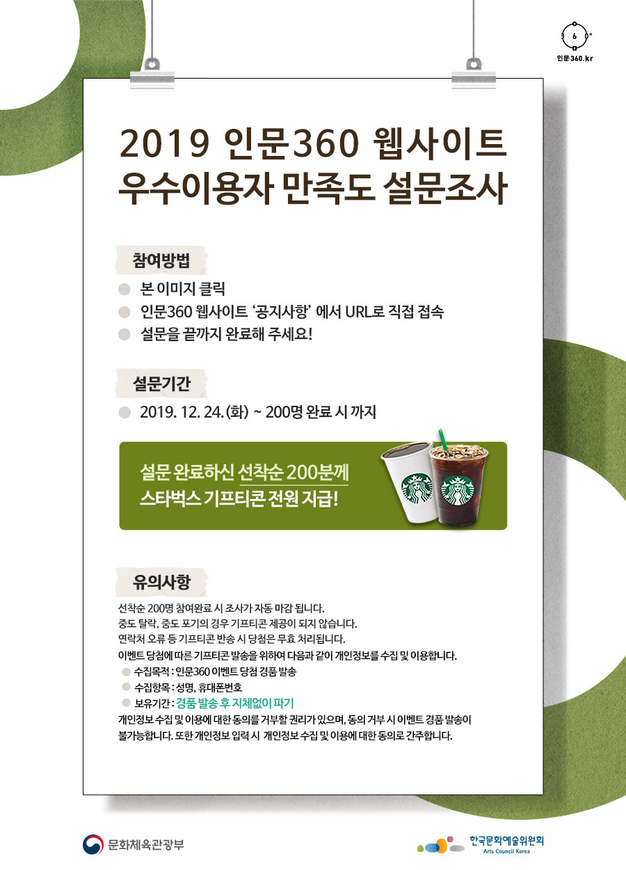 2019 인문360 웹사이트 우수이용자 만족도 설문조사 참여방법 본 이미지 클릭 인문360 웹사이트 ‘공지사항’ 에서 URL로 직접 접속 설문을 끝까지 완료해 주세요 설문기간 2019. 12. 24.(화) ~ 200명 완료 시 까지 설문 완료하신 선착순 200분께 스타벅스 기프티콘 전원 지급! 유의사항  선착순 200명 참여완료 시 조사가 자동 마감 됩니다. 중도 탈락, 중도 포기의 경우 기프티콘 제공이 되지 않습니다. 연락처 오류 등 기프티콘 반송 시 당첨은 무효 처리됩니다. 이벤트 당첨에 따른 기프티콘 발송을 위하여 다음과 같이 개인정보를 수집 및 이용합니다. 수집목적 : 인문360 이벤트 당첨 경품 발송 수집항목 : 성명, 휴대폰번호 보유기간 : 경품 발송 후 지체없이 파기 개인정보 수집 및 이용에 대한 동의를 거부할 권리가 있으며, 동의 거부 시 이벤트 경품 발송이  불가능합니다. 또한 개인정보 입력 시  개인정보 수집 및 이용에 대한 동의로 간주합니다.