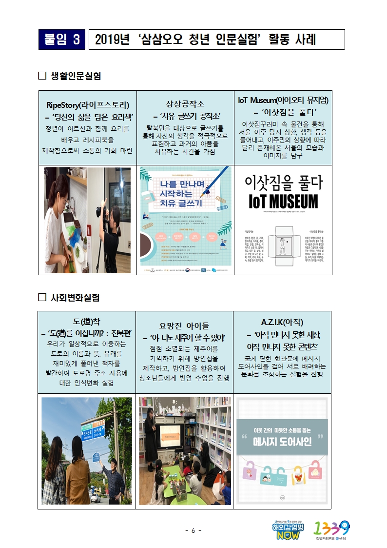 붙임3 2019년 삼삼오오 청년 인문실험 활동 사례 ㅇ생활인문실험 1.RipeStory(라이프스토리) – ‘당신의 삶을 담은 요리책’ 청년이 어르신과 함께 요리를 배우고 레시피북을 제작함으로써 소통의 기회 마련 2.상상공작소 – ‘치유 글쓰기 공작소’ 탈북민을 대상으로 글쓰기를 통해 자신의 생각을 적극적으로 표현하고 과거의 아픔을 치유하는 시간을 가짐 3.IoT Museum(아이오티 뮤지엄) – ‘이삿짐을 풀다’ 이삿짐꾸러미 속 물건을 통해 서울 이주 당시 상황, 생각 등을 풀어내고, 이주민의 상황에 따라 달리 존재해온 서울의 모습과 이미지를 탐구 ㅇ사회변화실험 도착 1.‘도를 아십니까? : 전북편’ 우리가 일상적으로 이용하는 도로의 이름과 뜻, 유래를 재미있게 풀어낸 책자를 발간하여 도로명 주소 사용에 대한 인식변화 실험 2.요망진 아이들 – ‘야, 너도 제주어 할 수 있어!’ 점점 소멸되는 제주어를 기억하기 위해 방언집을 제작하고, 방언집을 활용하여 청소년들에게 방언 수업을 진행 3.A.Z.I.K(아직) – ‘아직 만나지 못한 세상, 아직 만나지 못한 콘텐츠’ 굳게 닫힌 현관문에 메시지 도어사인을 걸어 서로 배려하는 문화를 조성하는 실험을 진행