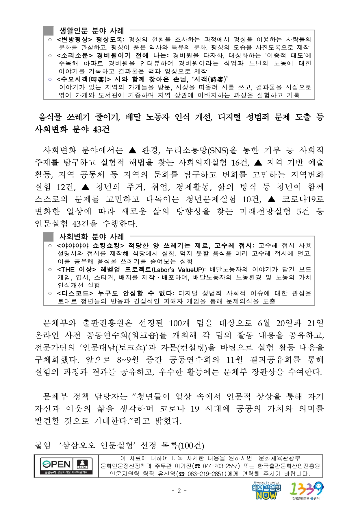 생활인문 분야에서는 ▲ 경비원, 주부 등 우리 주변의 다양한 이웃, 세대, 가족과 인문을 통해 서로를 이해하는 인문소통실험 15건, ▲ 일상에서 발견한 인문 주제를 요리, 인터넷 오디오 방송 등 다양한 형식과 접목해 탐구하는 일상인문실험 11건, ▲ 연극, 사진, 문학, 공연, 무용 등 다채로운 예술 분야와 인문의 융합을 시도하는 인문예술실험 17건, ▲ 심리극, 글쓰기, 연구, 문집 제작 등을 통해 자신을 돌아보고 타인을 이해하며 삶의 정체성을 찾아가는 인문사색실험 14건 등 인문실험 57건을 수행한다. 생활인문 분야 사례 변방평상 평상도록: 평상의 현황을 조사하는 과정에서 평상을 이용하는 사람들의 문화를 관찰하고, 평상이 품은 역사와 특유의 문화, 평상의 모습을 사진도록으로 제작 소리소문 경비원이기 전에 나는: 경비원을 타자화, 대상화하는 ‘이중적 태도’에 주목해 아파트 경비원을 인터뷰하여 경비원이라는 직업과 노년의 노동에 대한 이야기를 기록하고 결과물은 책과 영상으로 제작 수요시객(時客) 시와 함께 찾아온 손님, ‘시객(詩客)’ 이야기가 있는 지역의 가게들을 방문, 시상을 떠올려 시를 쓰고, 결과물을 시집으로 엮어 가게와 도서관에 기증하며 지역 상권에 이바지하는 과정을 실험하고 기록 음식물 쓰레기 줄이기, 배달 노동자 인식 개선, 디지털 성범죄 문제 도출 등 사회변화 분야 43건  사회변화 분야에서는 ▲ 환경, 누리소통망(SNS)을 통한 기부 등 사회적 주제를 탐구하고 실험적 해법을 찾는 사회의제실험 16건, ▲ 지역 기반 예술 활동, 지역 공동체 등 지역의 문화를 탐구하고 변화를 고민하는 지역변화실험 12건, ▲ 청년의 주거, 취업, 경제활동, 삶의 방식 등 청년이 함께 스스로의 문제를 고민하고 다독이는 청년문제실험 10건, ▲ 코로나19로 변화한 일상에 따라 새로운 삶의 방향성을 찾는 미래전망실험 5건 등 인문실험 43건을 수행한다. 사회변화 분야 사례 야야야야 쇼킹쇼킹 적당한 양 쓰레기는 제로, 고수레 접시: 고수레 접시 사용설명서와 접시를 제작해 식당에서 실험. 먹지 못할 음식을 미리 고수레 접시에 덜고, 이를 공유해 음식물 쓰레기를 줄여보는 실험 THE 이상 레벨업 프로젝트(Labor’s ValueUP): 배달노동자의 이야기가 담긴 보드게임, 엽서, 스티커, 배지를 제작․배포하며, 배달노동자의 노동환경 및 노동의 가치 인식개선 실험 디스코드 누구도 안심할 수 없다: 디지털 성범죄 사회적 이슈에 대한 관심을 토대로 청년들의 반응과 간접적인 피해자 게임을 통해 문제의식을 도출 문체부와 출판진흥원은 선정된 100개 팀을 대상으로 6월 20일과 21일 온라인 사전 공동연수회(워크숍)를 개최해 각 팀의 활동 내용을 공유하고, 전문가단의 ‘인문대담(토크쇼)’과 자문(컨설팅)을 바탕으로 실험 활동 내용을 구체화했다. 앞으로 8~9월 중간 공동연수회와 11월 결과공유회를 통해 실험의 과정과 결과를 공유하고, 우수한 활동에는 문체부 장관상을 수여한다. 문체부 정책 담당자는 “청년들이 일상 속에서 인문적 상상을 통해 자기 자신과 이웃의 삶을 생각하며 코로나 19 시대에 공공의 가치와 의미를 발견할 것으로 기대한다.”라고 밝혔다. 붙임  ‘삼삼오오 인문실험’ 선정 목록(100건)