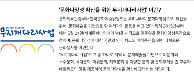 문화다양성 확산을 위한 무지개다리 사업 이란? 문화체육관광부와 한국문화예술위원회는 우리나라의 문화다양성 가치 확산을 위해 문화예술을 기반으로 한 여러가지 활동을 하고 있다. 특히 2015년부터 매년 5월 21일(세계문화다양성의 날)을 시작으로 일주일을 문화다양성주간으로 정하여, 문화다양성에 대한 국민의 인식 제고와 이해증진을 위한 다채로운 문화행사를 마련한다. '무지개다리 사업'도 그 중 하나로 지역 내 문화예술을 기반으로 다문화와 소수문화, 세대문화, 하위문화, 지역문화 등 다양한 문화 및 문화주체들 간 교류와 네트워크의 장을 제공하여 문화다양성을 확산하고자 하는 사업이다.