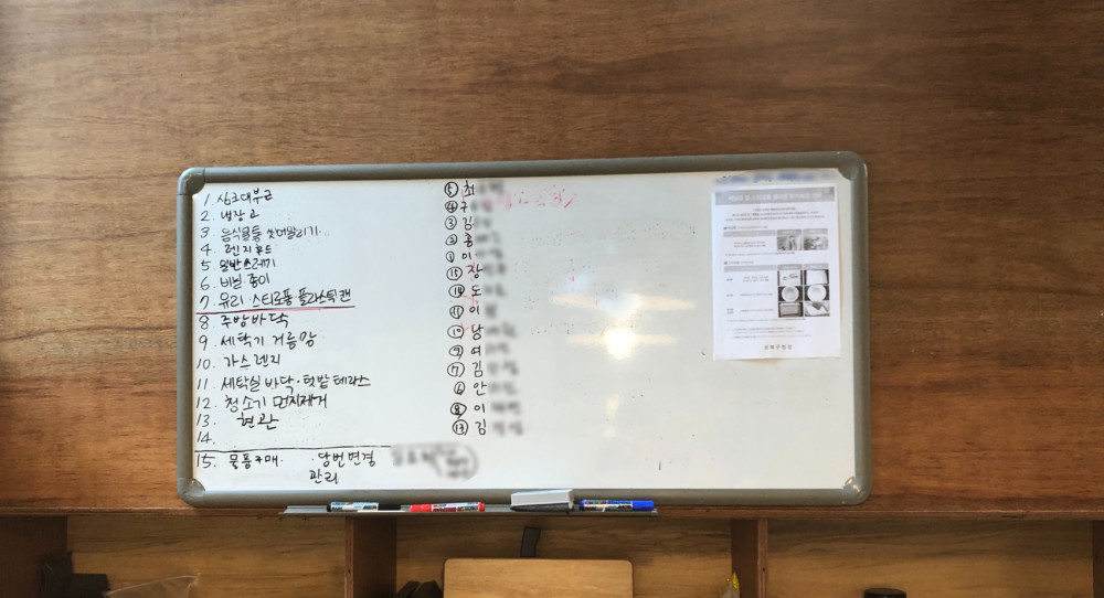 화이트 보드에 쓰인 각자 할당된 일들 / 싱크대 부근 냉장고 음식물통 씻어 말리기 렌지 후드 일반쓰레기 비닐 종이 유리 플라스틱 스티로폼 캔 주방바닥 세탁기 거름망 가스렌지 세탁실 바닥 텃밭 테라스 청소기 먼지 제거 현관 물품구매 당번변경 관리 