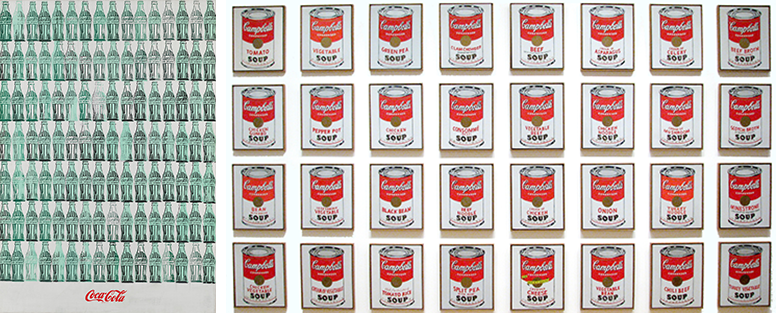 이미지1. (좌) 녹색 코카콜의 병Green Coca-Cola Bottles 앤디워홀 (우) 캠벨수프 통조림Campbell’s Soup Cans 앤디워홀