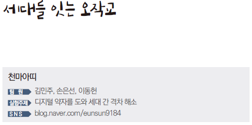 세대를 잇는 오작교 천마아띠 팀원 김민주, 손은선, 이동헌 실험주제 디지털 약자를 도와 세대 간 격차 해소 SNS blog.naver.com/eunsun9184