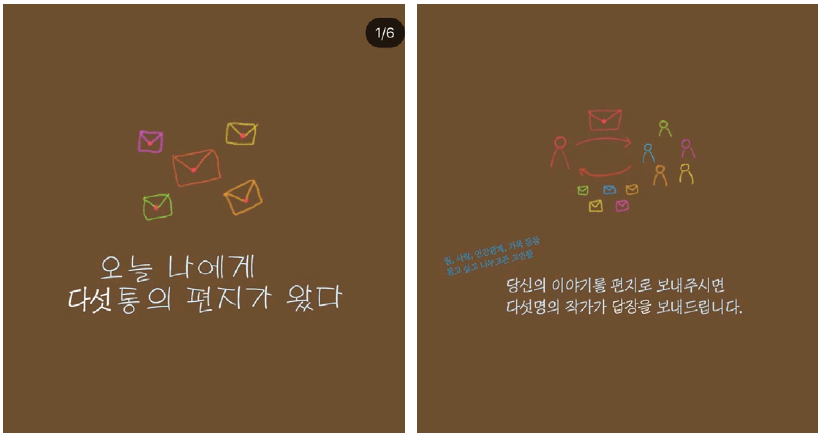오늘 나에게 다섯 통의 편지가 왔다 일, 사랑, 인간관계, 가족 등등 묻고 싶고 나누고픈 고민들 당신의 이야기를 편지로 보내주시면 다섯명의 작가가 답장을 보내드립니다.