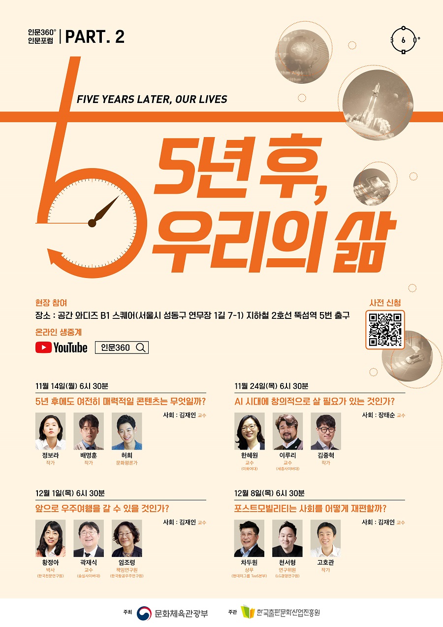 5년 후 우리의 삶, 현장 참여 : 장소 공간 와디즈 B1 스퀘어 지하철 2호선 뚝섬역 5번 출구, 온라인 생중계 유튜브 인문360 11월 14일(월) 6시 30분 5년 후에도 여전히 매력적일 콘텐츠는 무엇일까? 사회 김재인 교수 정보라 작가 배명훈 작가 허희 문화평론가, 11월 24일(목) 6시 30분 AI 시대에 창의적으로 살 필요가 있는 것인가? 사회 장태순 교수, 한혜원 이화여대 교수, 이루리 세종사이버대 교수, 김중혁 작가, 12월 1일(목) 6시 30분 앞으로 우주여행을 갈 수 있을 것인가?  김재인 교수, 황정아 한국천문연구원 박사, 곽재식 숭실사이버대 교수, 임조령 한국항공우주연구원 책임연구원, 12월 8일(목) 6시 30분 포스트모빌리티는 사회를 어떻게 재편할까? 사회 김재인 교수, 차두원 현대차그룹 TaaS본부 상무, 천서형 LG경영연구원 연구위원, 고호관 작가, 주최 문화체육관광부 주관 한국출판문화산업진흥원