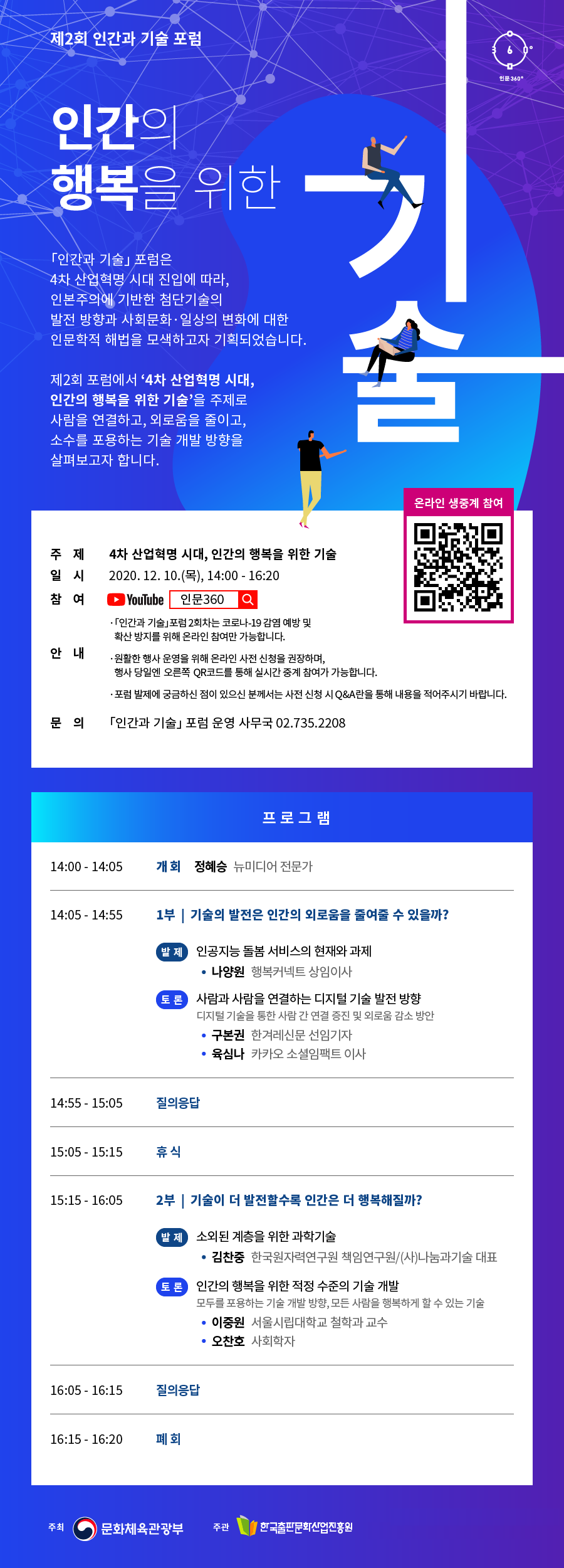 제2회 인간과 기술 포럼 인간의 행복을 위한 기술 「인간과 기술」 포럼은 4차 산업혁명 시대 진입에 따라, 인본주의에 기반한 첨단기술의 발전 방향과 사회문화·일상의 변화에 대한 인문학적 해법을 모색하고자 기획되었습니다. 제2회 포럼에서 '4차 산업혁명 시대, 인간의 행복을 위한 기술'을 주제로 사람을 연결하고, 외로움을 줄이고, 소수를 포용하는 기술 개발 방향을 살펴보고자 합니다. 주제 4차 산업혁명 시대, 인간의 행복을 위한 기술 일시 2020.12.10.(목), 14:00-16:20 참여 YOUTUBE 인문360 안내 「인간과 기술」포럼 2회차는 코로나 19 감염 예방 및 확산 방지를 위해 온라인 참여만 가능합니다. 원활한 행사 운영을 위해 온라인 사전 신청을 권장하며, 행사 당일엔 오른쪽 QR코드를 통해 실시간 중계 참여가 가능합니다. 포럼 발제에 궁금하신 점이 있으신 분께서는 사전 신청 시 Q&A란을 통해 내용을 적어주시기 바랍니다. 문의 「인간과 기술」 포럼 운영 사무국 02.735.2208 프로그램 14:00 -14:05 개회 정혜승 뉴미디어전문가 14:05 -14:55 1부 기술의 발전은 인간의 외로움을 줄여줄 수 있을까? 발제 인공지능 돌봄 서비스의 현재와 과제 나양원 행복커넥트 상임이사 토론 사람과 사람을 연결하는 디지털 기술 발전 방향 디지털 기술을 통한 사람 간 연결 증진 및 외로움 감소 방안 구본권 한겨레신문 선임기자 육심나 카카오 소셜임팩트 이사 14:55 -15:05 질의응답 15:05 -15:15 휴식 15:15 -16:05 2부 | 기술이 더 발전할수록 인간은 더 행복해질까? 발제 소외된계증을위한과학기술 김찬중 한국원자력연구원 책임연구원/(사)나눔과기술 대표 토론 인간의 행복을 위한 적정 수준의 기술 개발 모두를 포용하는 기술 개발 방향, 모든 사람을 행복하게 할 수 있는 기술 이중원 서울시립대학교 철학과 교수 오찬호 사회학자 16:05-16:15 질의응답 16:15-16:20 폐회 주최 문화체육관광부 주관 한국출판문화산업진흥원   