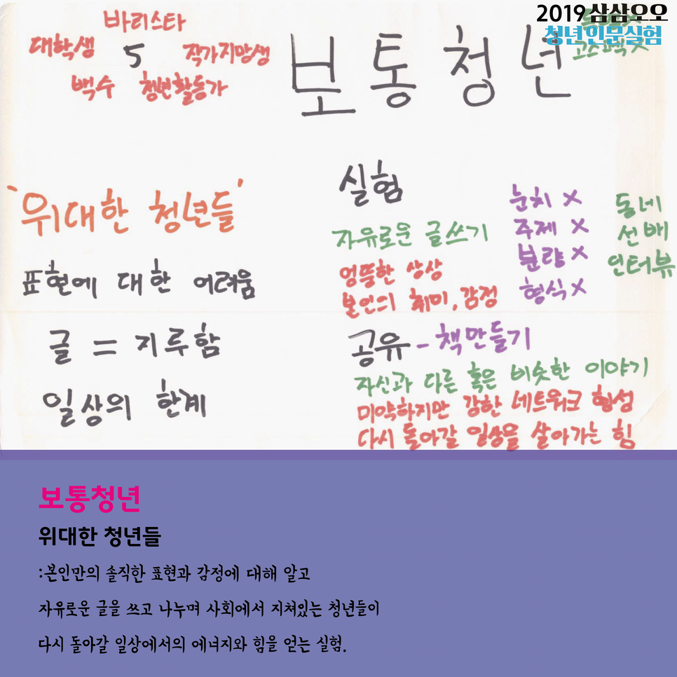 2019 삼삼오오 청년인문실험 보통청년 위대한 청년들 : 본인만의 솔직한 표현과 감정에 대해 알고 자유로운 글을 쓰고 나누며 사회에서 지쳐있는 청년들이 다시 돌아갈 일상에서의 에너지와 힘을 얻는 실험