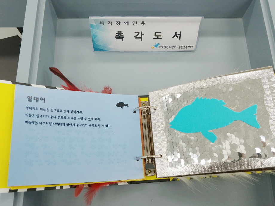 시각장애인용 촉각도서 열대어 열대어의 비늘은 동그랗고 반짝 반짝거려. 비늘은 열대어가 물의 온도와 소리를 느낄 수 있게 해줘. 비늘에는 나무처럼 나이테가 있어서 물고기의 나이도 알 수 있지.
