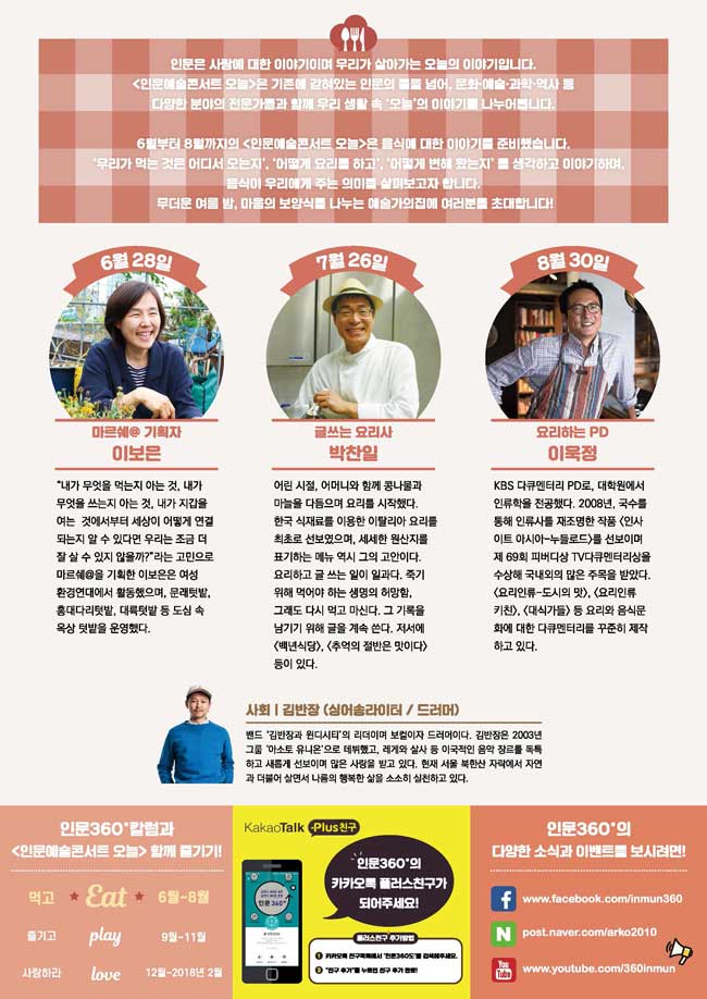 인문은 사람에 대한 이야기이며 우리가 살아가는 오늘의 이야기입니다. <인문예술콘서트 오늘> 기존에 갇혀있는 인문의 틀을 넘어, 문화, 예술, 과학, 역사 등 다양한 분야의 전문가들과 함께 우리 생활 속 '오늘'의 이야기 나누어봅니다. 6월부터 8월까지의 <인문예술콘서트 오늘>은 음식에 대한 이야기 준비했습니다. '우리가 먹는 것은 어디서 오는지', '어떻게 요리를 하고', 어떻게 변해 있는지'를 생각하고 이야기하며, 음식이 우리에게 주는 의미를 살펴보고자 합니다. 무더운 여를 밤, 마음의 보양식 나누는 예술가의집에 여러분을 초대합니다! 6월 28일 마르쉐 기획자 이보은 "내가 무엇을 먹는지 아는 것, 내가 무엇을 쓰는지 아는 것, 내가 지갑을 여는 것에서부터 세상이 어떻게 연결 되는지 알 수 있다면 우리는 조금 더 잘살 수 있지 않을까?"라는 고민으로 마르쉐을 기획한 이보은은 여성 환경연대에서 활동했으며, 문래텃, 홍대다리텃밭, 대륙텃밭 등 도심 속 옥상 텃밭을 운영했다. 7월 26일 글쓰는 요리사 박찬일 어린 시절, 어머니와 함께 콩나물과 마늘을 다듬으며 요리를 시작했다. 한국 식재료를 이용한 이탈리아 요리를 최초로 선보였으며, 세세한 원산지를 표기하는 데뉴 역시 그의 고안이다. 요리하고 글 쓰는 일이 일과다. 죽기 위해 먹어야 하는 생명의 허망함. 그래도 다시 먹고 마신다. 그 기록을 남기기 위해 글을 계속 쓴다. 저서에 백년식당>, <추억의 절반은 맛이다) 등이 있다. 8월 30일 요리하는 PD 이욱정 KBS 다큐멘터리 PD로, 대학원에서 인류학을 전공했다. 2008년, 국수를 통해 인류사를 재조명한 작품 <인사 이트 아시아 누들로드를 선보이며, 제 69회 피버디상 TV다큐멘터리상을 수상해 국내외의 많은 주목을 받았다. 요리인류 도시의 맛>, <요리인류 키친), 대식가들 등 요리와 음식문 화에 대한 다큐멘터리를 꾸준히 제작 하고 있다. 사회 | 김반장 (싱어송라이터 / 드러머) 밴드 '김반장과 윈디시티'의 리더이며 보컬이자 드러머이다. 김반장은 2003년 그룹 아소토 유니온'으로 데뷔했고, 레게와 살사 등 이국적인 음악 장르를 독특 하고 새롭게 선보이며 많은 사랑을 받고 있다. 현재 서울 북한산 자락에서 자연 과 더불어 살면서 나름의 행복한 삶을 소소히 실천하고 있다. 인문360 칼럼과 <인문예술콘서트 오늘> 함께 즐기기! 인문360의 카카오톡 플러스친구가 되어주세요! 인문360의 다양한 소식과 이벤트를 보시려면!