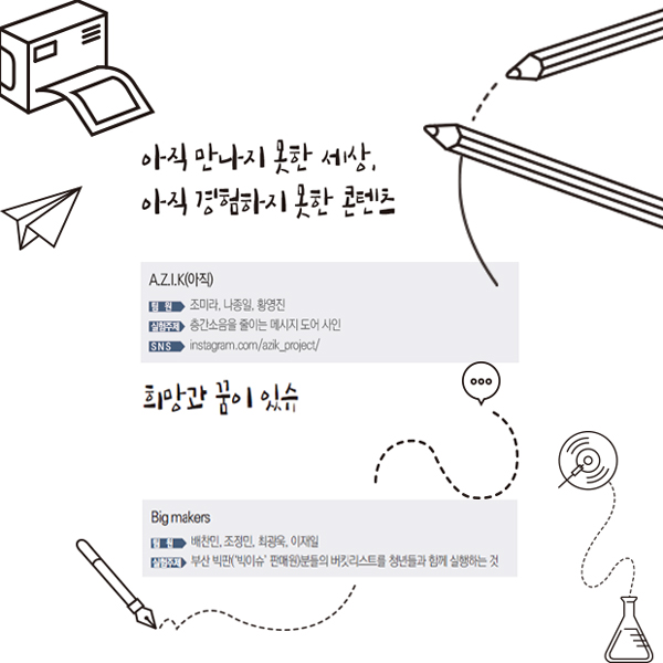 아직 만나지 못한 세상, 아직 경험하지 못한 콘텐츠 A.Z.I.K(아직) 팀원 조미라, 나종일, 황영진 실험주제 층간소음을 줄이는 메시지 도어 사진 SNS instagram.com/azik_project/ 희망과 꿈이 있슈 Big makers 팀원 배찬민, 조정민, 최광욱, 이재일 실험주제 부산 빅팍('빅이슈' 판매원)분들의 버킷리스트를 청년들과 함께 실행하는 것