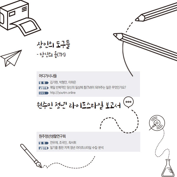 장인의 도구들 - 당신의 틈(TM) 어디가시나들 팀원 김가현, 박형만, 이하은 실험주제 매일 반복적인 당신의 일상에 틈(TM)이 되어주는 일은 무엇인가요? SNS http://yourtm.online 원주민 청년 라이프스타일 보고서 원주청년생활연구회 팀원 전우재, 조국인, 최서휘 실험주제 일기를 통한 지역 청년 라이프스타일 수집·분석