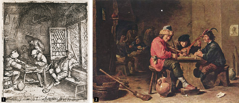 아드리안 반 오스타데(Adriaen van Ostade) 백개몬 주사위 놀이 하는 사람들(The Backgammon Players), 동판인쇄 / 다빗 테니에 (David Teniers the Younger) 음악을 켜는 3명의 농군(Drei musizierende Bauern), 17세기 후반경, 목판에 유채
