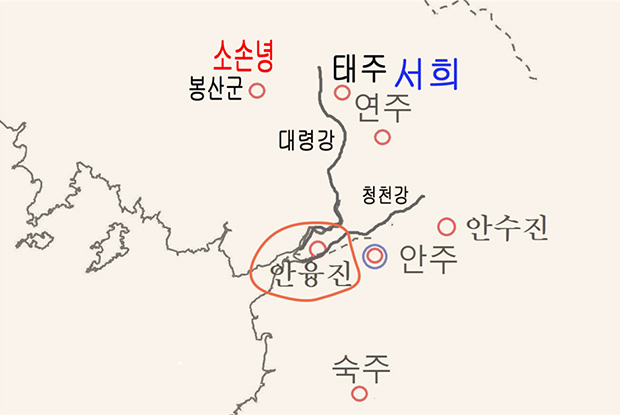 안융진은 청천강 하구에서 교통로를 통제했다. 안융진의 정확한 위치에 대해서는 여러 설이 있다. (이미지 출처: 필자 제공)