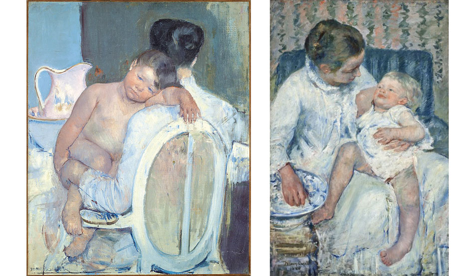 왼) 메리 카사트, 아이를 안고 앉아 있는 여인, 캔버스에 유채, 81 x 65.5 cm, 빌바오미술관, 오) 메리 카사트, 잠 오는 아기를 닦는 엄마, 1980년, 캔버스에 유채, 99.06 x 63.5 cm, 로스앤젤레스 카운티 미술관