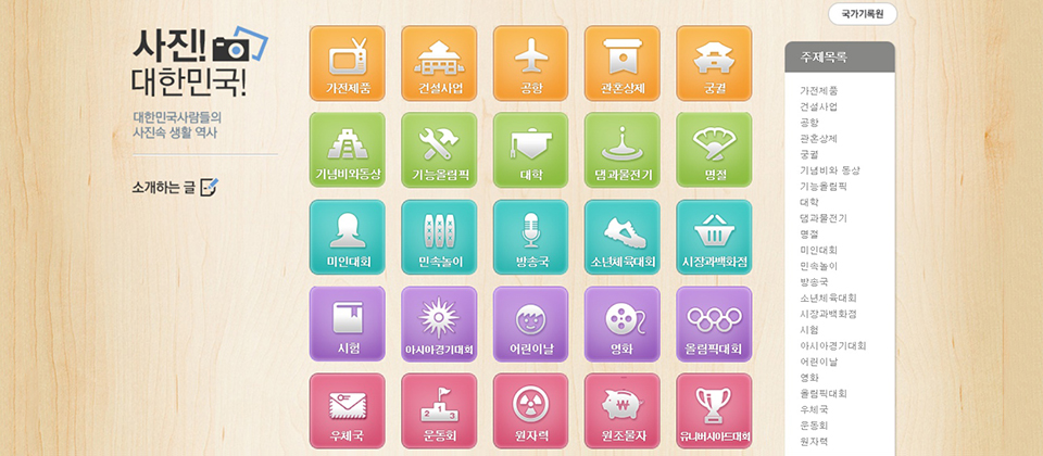사진! 대한민국! 대한민국사람들의 사진속 생활 역사, 소개하는 글, 국가기록원, 가전제품/건설사업/공항/관혼상제/궁궐/기념비와동상/기능올림픽/대학/댐과물전기/명절/미인대회/민속놀이/방송국/소년체육대회/시장과백화점/시험/아시아경기대회/어린이날/영화/올림픽대회/우체국/운동회/원자력/원조물자/유니버사이드대회, 주제목록 가전제품/건설사업/공항/관혼상제/궁궐/기념비와동상/기능올림픽/대학/댐과물전기/명절/미인대회/민속놀이/방송국/소년체육대회/시장과백화점/시험/아시아경기대회/어린이날/영화/올림픽대회/우체국/운동회/원자력