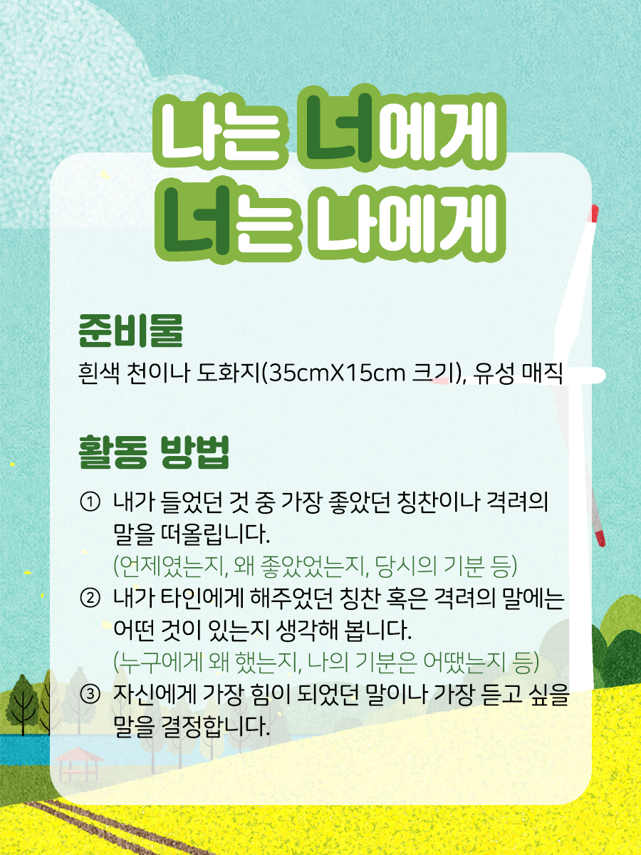 나는 너에게, 너는 나에게   준비물  흰색 천이나 도화지(35cmX15cm), 유성 매직    활동 방법  ① 내가 들었던 것 중 가장 좋았던 칭찬이나 격력의 말을 떠올립니다.  (언제였는지, 왜 좋았었는지, 당시의 기분 등)    ② 내가 타인에게 해주었던 칭찬 혹은 격려의 말에는  어떤 것이 있는지 생각해 봅니다.  (누구에게 왜 했는지, 나의 기분은 어땠는지 등)    ③ 자신에게 가장 힘이 되었던 말이나  가장 듣고 싶은 말을 결정합니다.