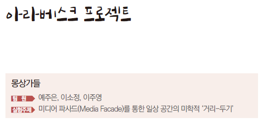 아라베스크 프로젝트 몽상가들 팀원 예주은, 이소정, 이주영 실험주제 미디어 파사드를 통한 일상공간의 미학적 거리두기
