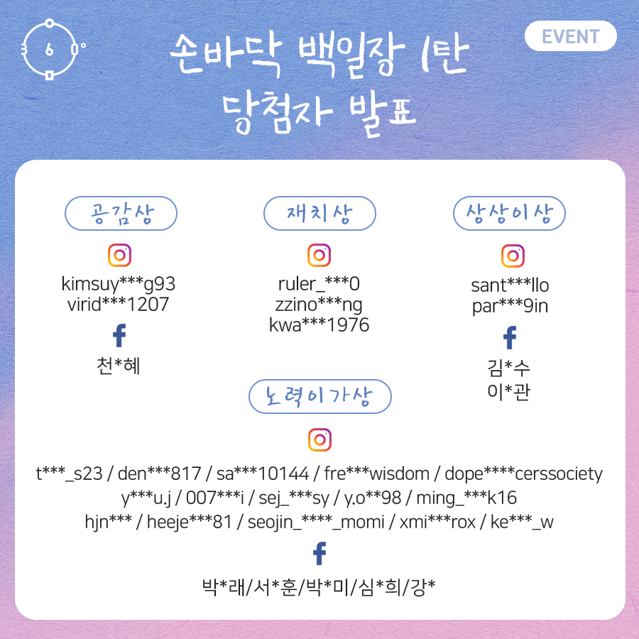 손바닥 백일장 1탄 당첨자 발표 공감상 재치상 상상이상 노력이가상 당첨자 명단