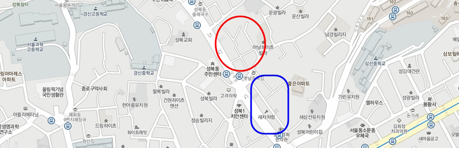 성북동 주민센터 그리고 아남 하이츠빌라 주변은 시인이 성북동의 옛 모습이 가장 많이 남아있다고 한 골목이다. 성북1치안센터 그리고 좋은아파트 주변은 최근 몇 달 사이 네 채의 한옥이 헐린 골목